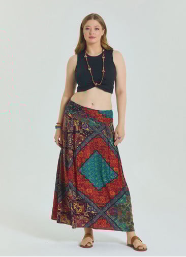 Red Plus Size Skirt with Elastic Waist and Drape Detail 4599